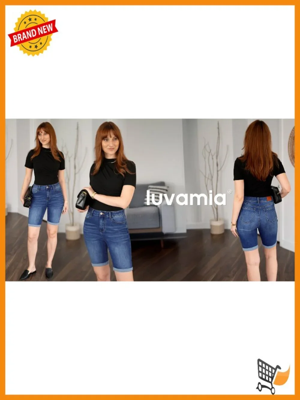 Bermuda Jean Shorts High Waisted Cuffed Hem Long Denim Stretchy Jorts